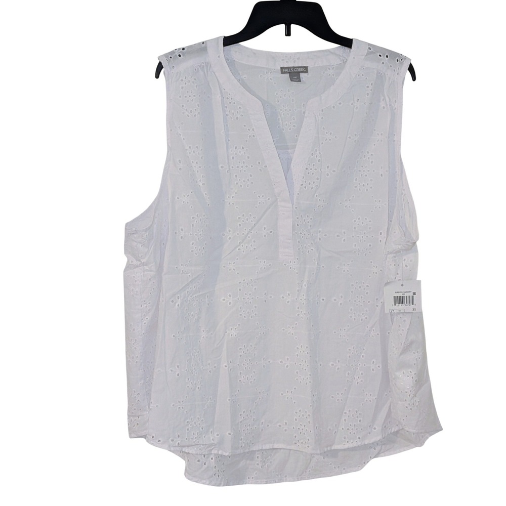 Falls Creek Womens 3X White Eyelet‎ Cotton Sleeveless Split V-Neck Blouse New